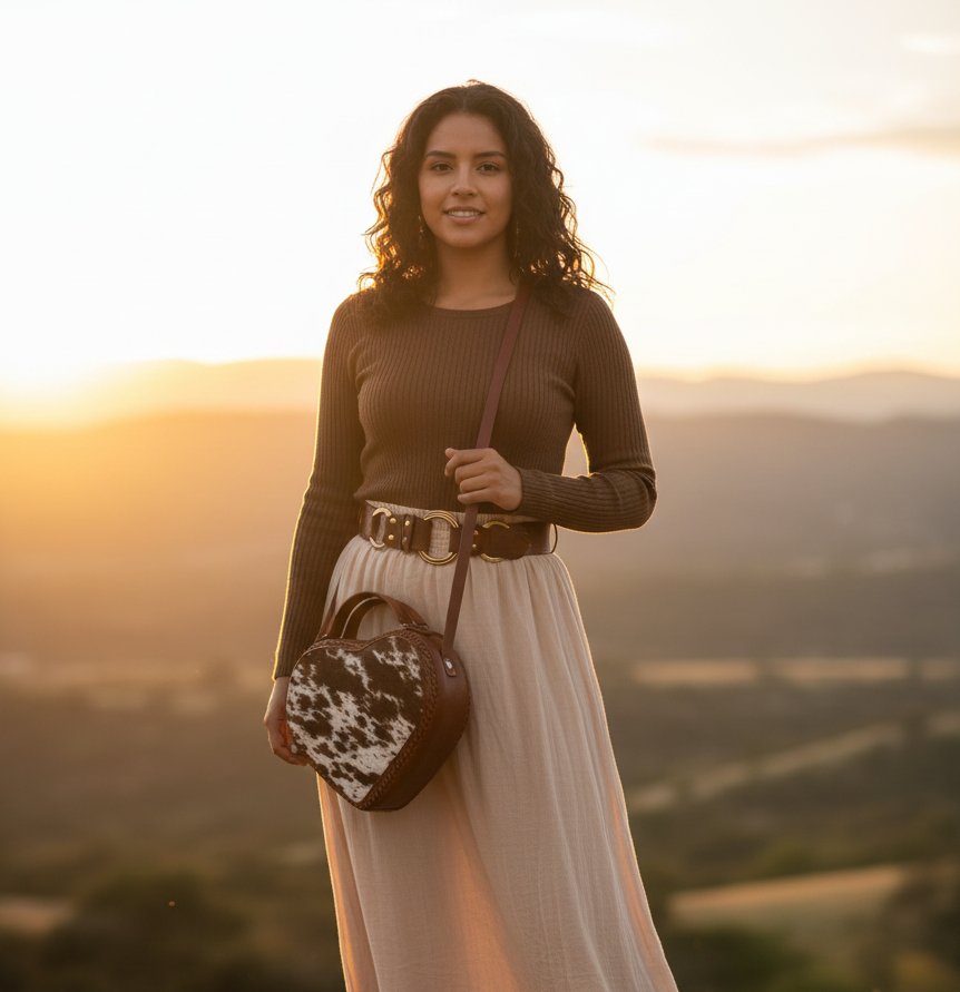 Bolsa corazón en Cuero y pelo artesanal