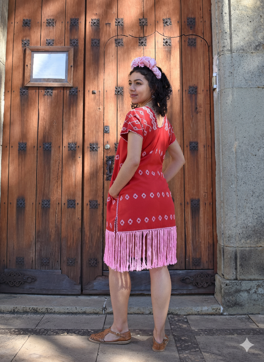 Huipil mini rojo con brocado y flecos rosa – Telar de cintura Oaxaca