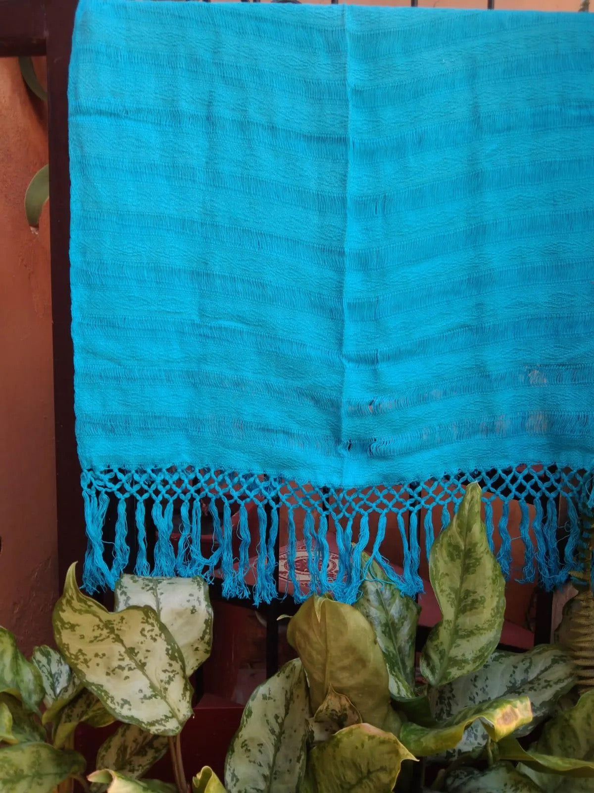 Rebozo Azul Cielo – Tejido en Telar de Pedal con Flecos, 100% Algodón