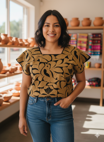 Blusa Artesanal Negra con Bordado Café – Pajaritos y Flores de Tuxtepec, Oaxaca
