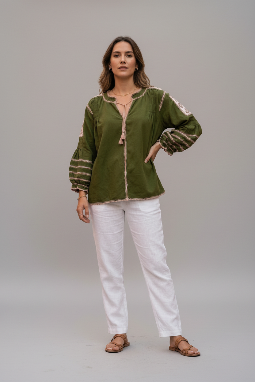 Blusa "Sirena" Oaxaqueña de Algodón con Mangas Bombachas y Detalles de Ganchillo