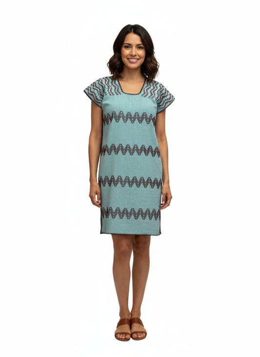 Huipil verde menta corto con brocado zigzag – Telar de cintura Oaxaca