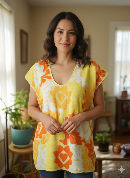 Blusa Bordada de Jalapa de Díaz – Pajaritos en Amarillo y Naranja Pastel con Cuello en V