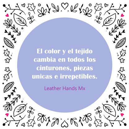 Cinturon tejido en piel con aplicación de telar multicolor