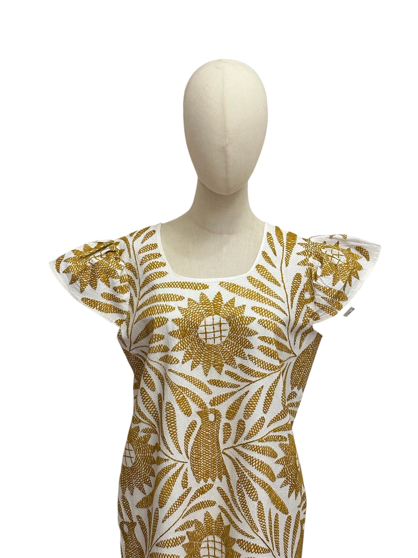 Vestido Palmita – Beige con Bordado Cobre, Artesanal Midi de Tuxtepec Oaxaca