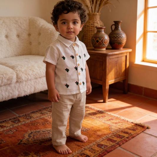 Guayabera de Manta Beige para Bebé | Bordada en Oaxaca