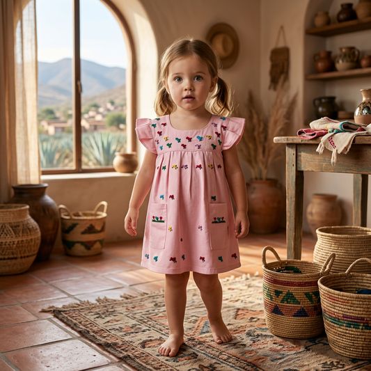 Vestido para Bebé Rosa Claro con Bordado de Pollitos Multicolor