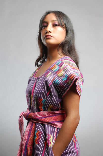 Huipil de Rayas Morado con Rosa Fuerte y Brocado Multicolor